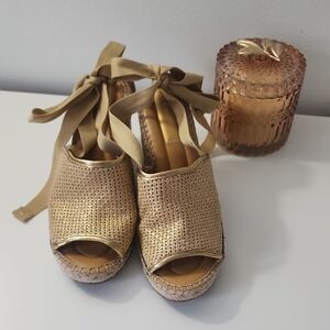 Franco Sarto Metallic Gold Espadrille Wedge Sandals with Ankle Ties